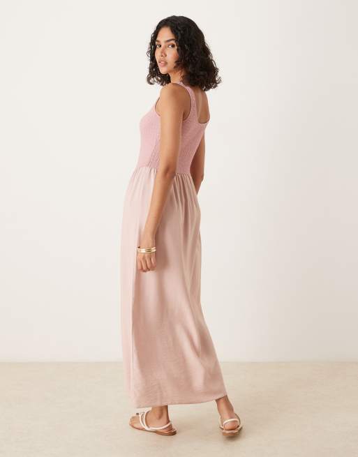 ASOS DESIGN textured bodice scoop neck midi dress with drape in blush pink