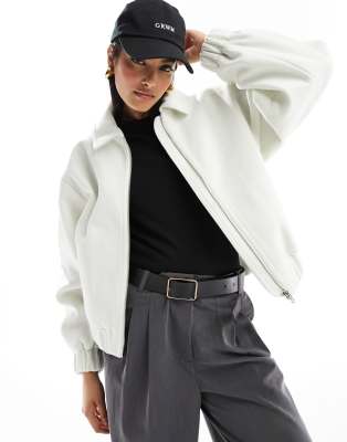 Asos Design Textured Bomber Jacket With Collar Detail In Ecru-white