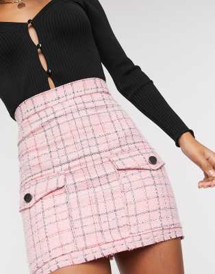 ASOS DESIGN textured boucle mini skirt with check design in pink