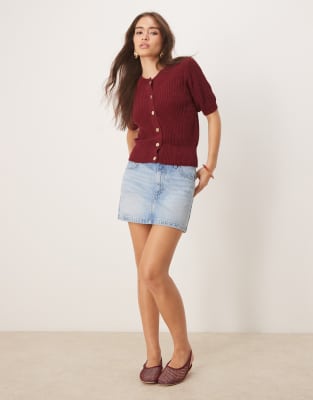 Asos Design Textured Boucle Short Sleeve Cardigan With Gold Buttons