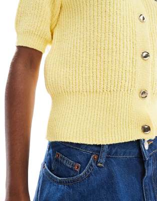 Asos Design Textured Boucle Short Sleeve Cardigan With Gold Buttons