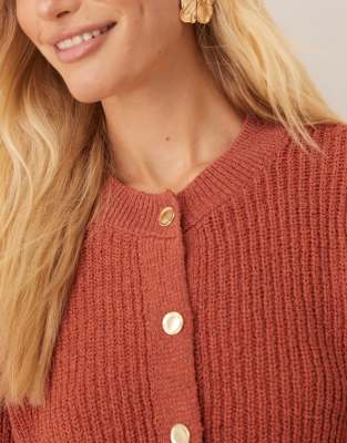 Asos Design Textured Boucle Short Sleeve Cardigan With Gold Buttons In Brown