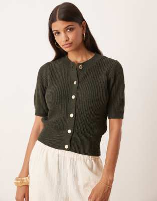 Asos Design Textured Boucle Short Sleeve Cardigan With Gold Tone Buttons In Green