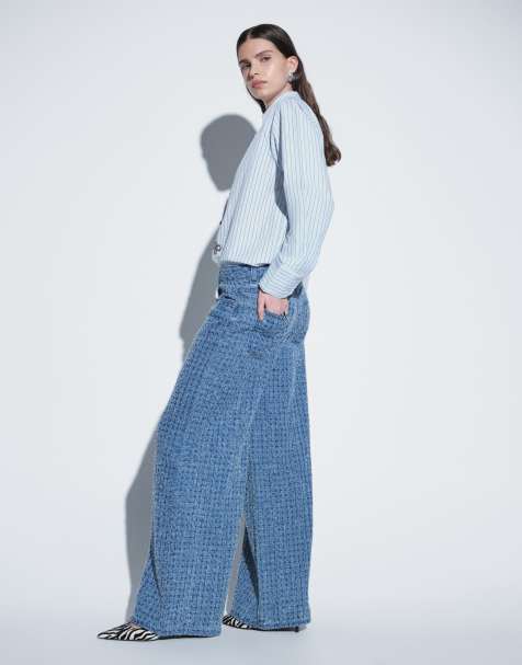 ASOS DESIGN textured boucle wide leg jeans in mid blue - view 1