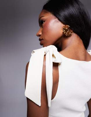 ASOS DESIGN textured bow straps boat neck top in cream