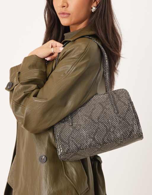 ASOS DESIGN textured bowler bag in grey snake