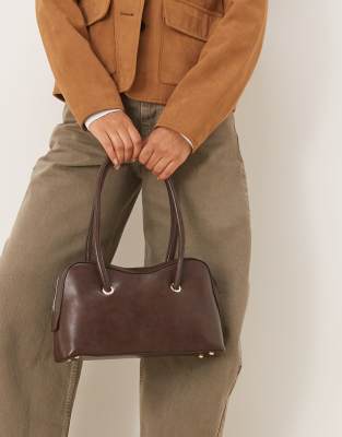 Asos Design Textured Bowler Bag With Curve Detail In Brown