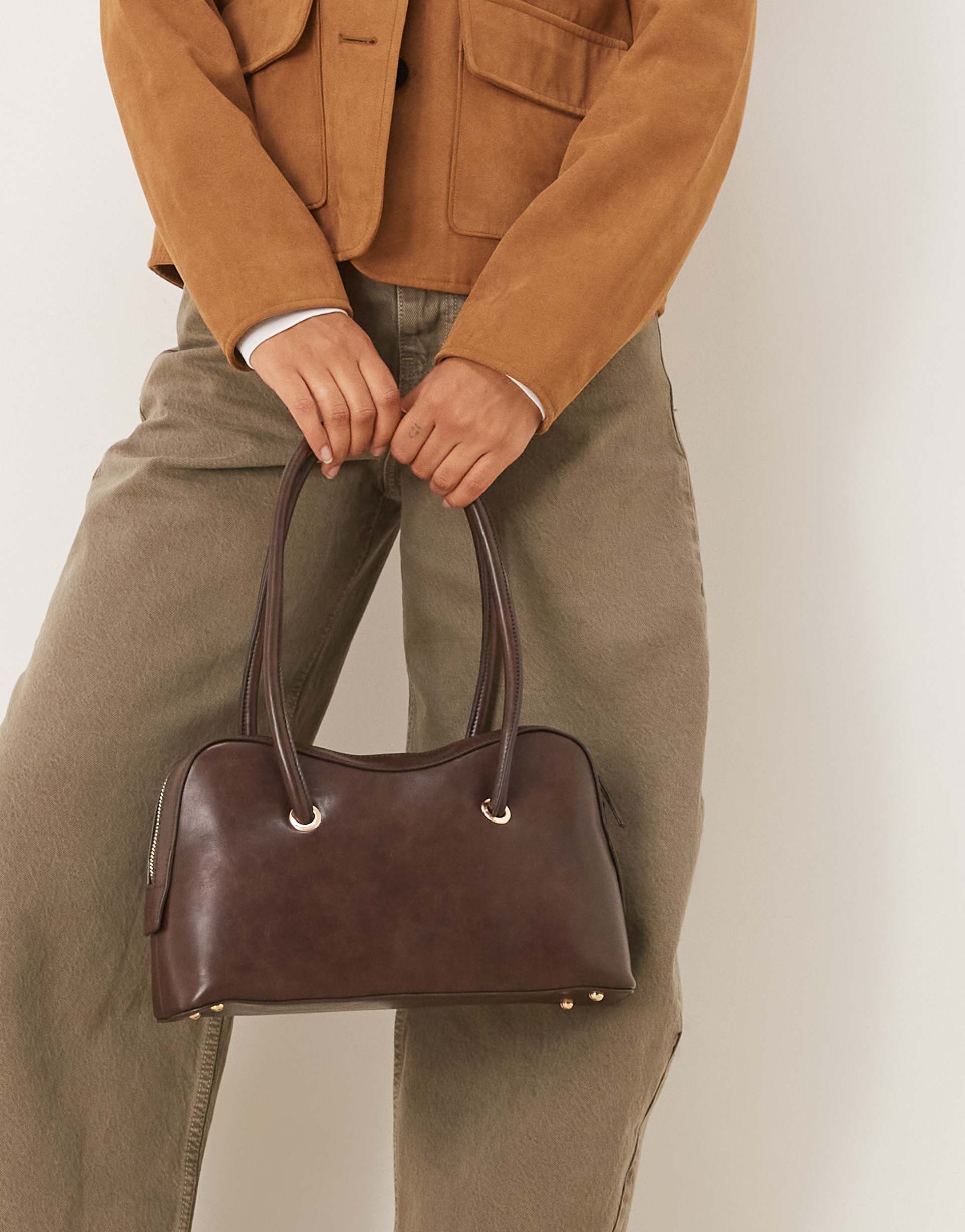 asos design textured bowler bag with curve detail in chocolate