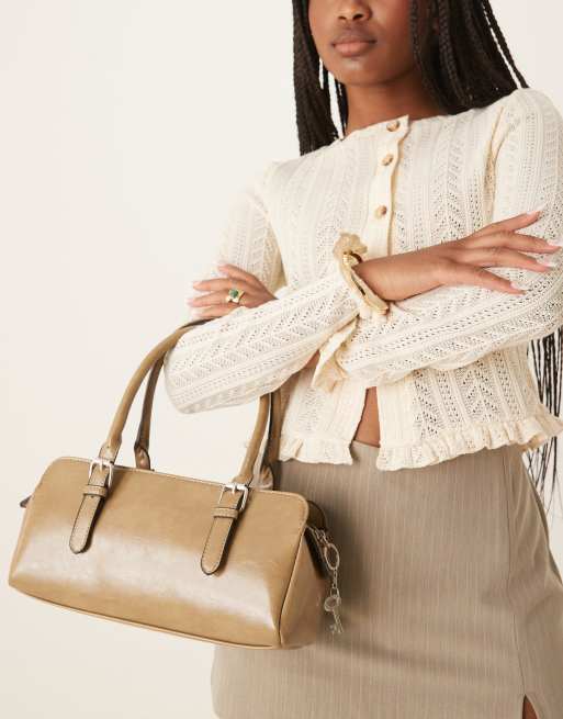 ASOS DESIGN textured bowler bag with key chain detail in olive