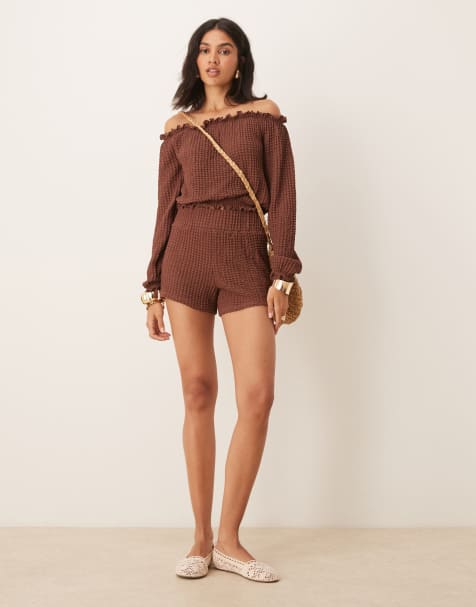 ASOS DESIGN textured boxer short with shirring waistband co ord in brown