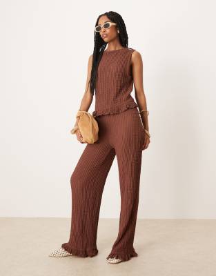 Asos Design Textured Boxy Frill Hem Slash Neck Top In Brown