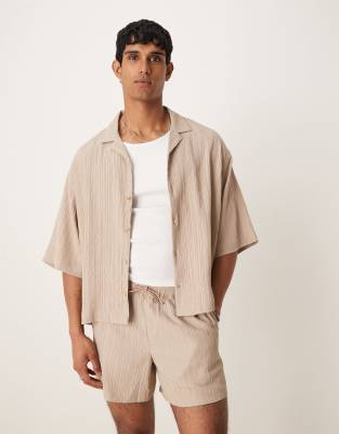 ASOS DESIGN textured boxy oversized camp collar shirt in beige - part of a set-Neutral