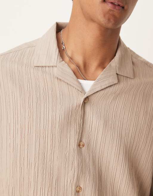 ASOS DESIGN textured boxy oversized camp collar shirt in beige - part of a set, 2 of 4