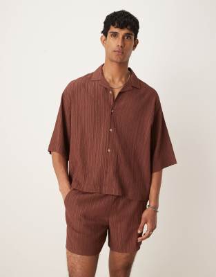 Asos Design Textured Boxy Oversized Camp Collar Shirt In Brown
