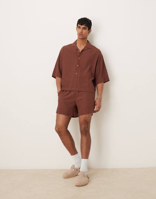 ASOS DESIGN textured boxy oversized camp collar shirt in brown - part of a set