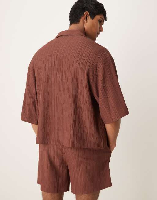 ASOS DESIGN textured boxy oversized revere shirt in brown (part of a set), 4 of 4