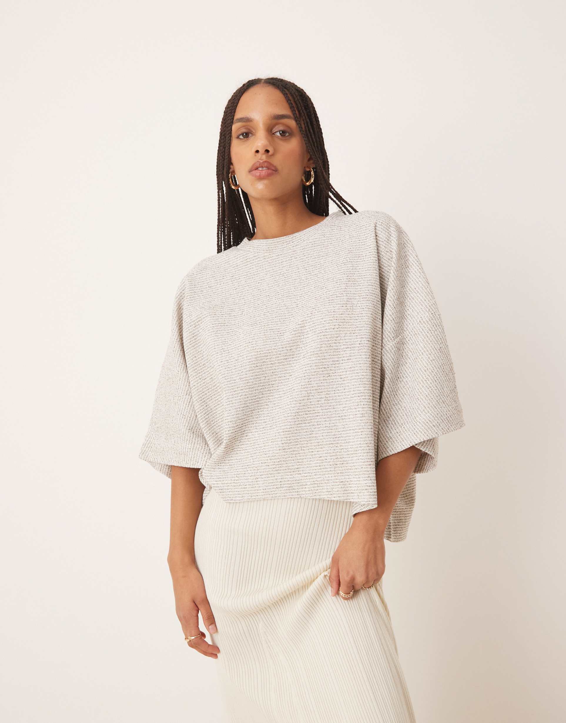 asos design textured boxy short sleeve t-shirt in neutral stripe