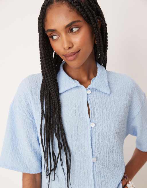 ASOS DESIGN textured broderie lace button through shirt in blue (part of a set), 4 of 4