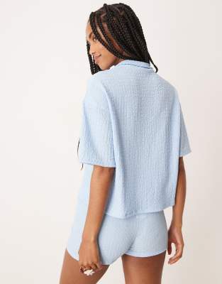 Asos Design Textured Broderie Lace Button Through Shirt In Blue