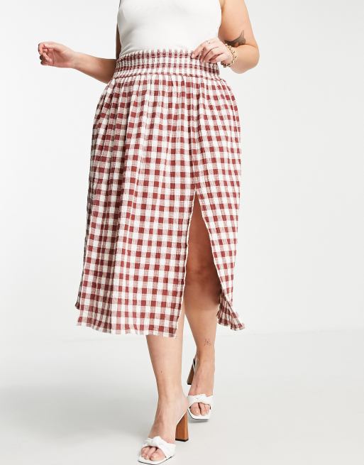 ASOS DESIGN textured brown white gingham full midi skirt with pockets