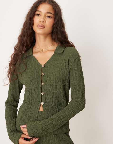 ASOS DESIGN textured button front long sleeve top in khaki (part of a set) - view 1