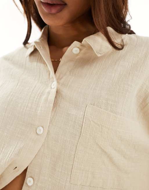 ASOS DESIGN textured button through beach shirt co-ord in natural, 2 of 4
