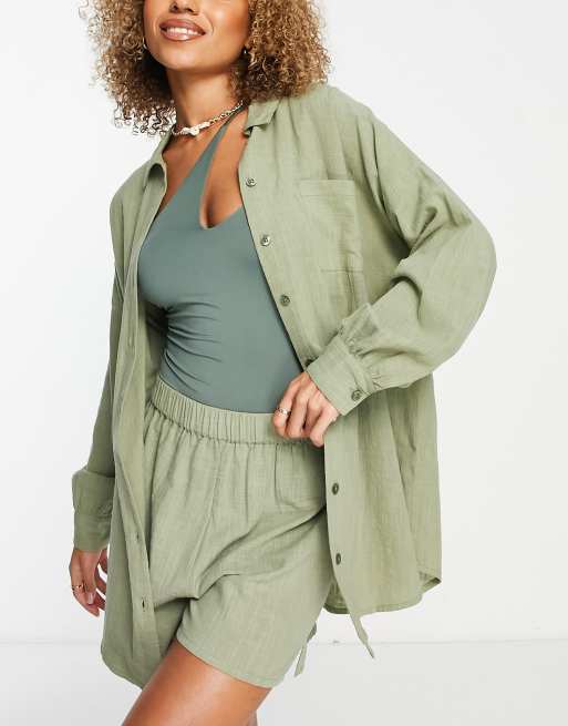 ASOS DESIGN textured button through beach shirt in khaki (part of a set)