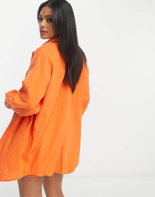 ASOS DESIGN textured button through beach shirt in orange (part of a set), 4 of 4