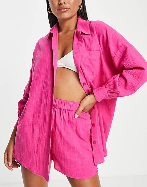 ASOS DESIGN textured button through beach shirt in pink