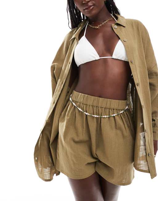 CerbeShops DESIGN textured button through beach short co-ord in khaki