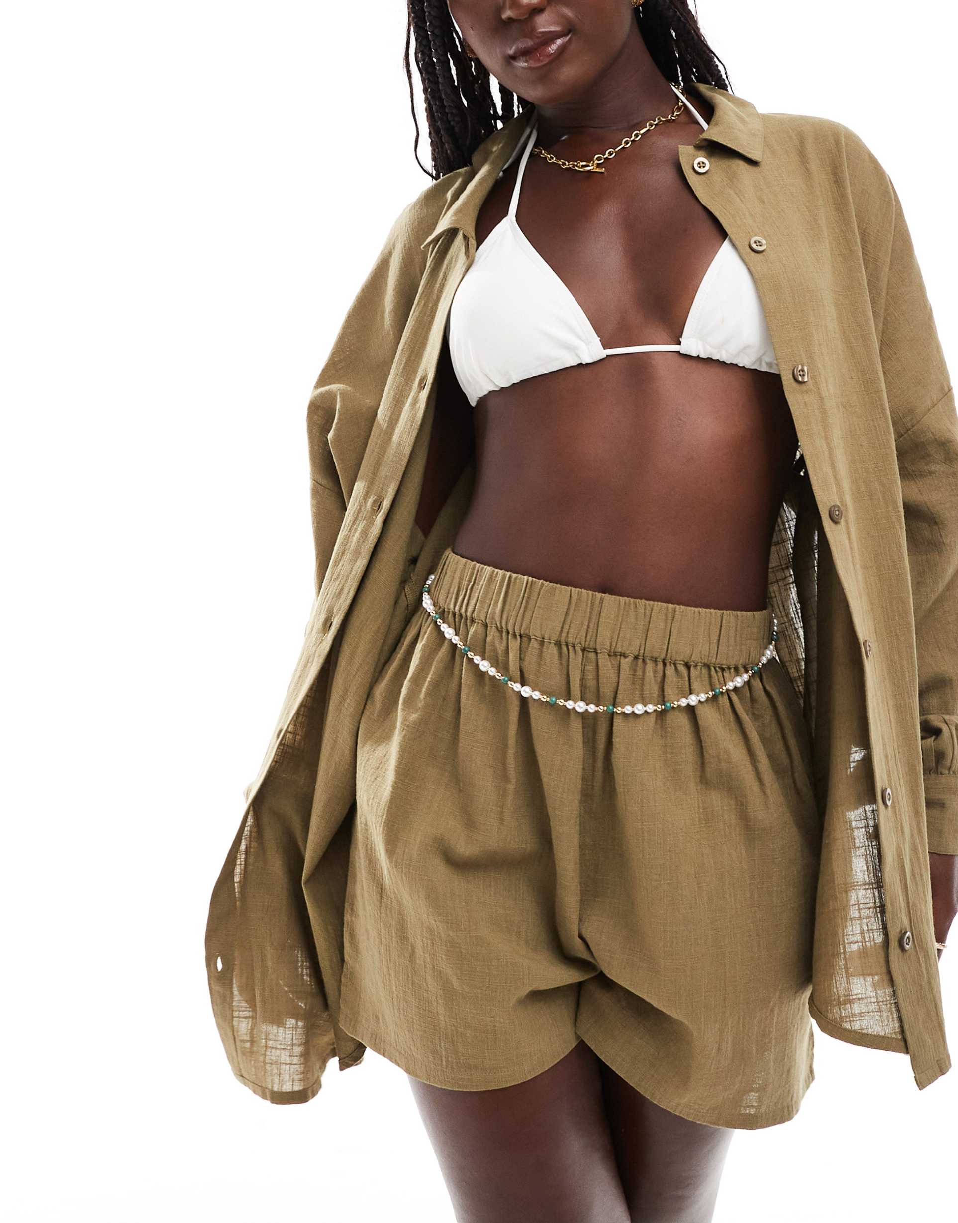 asos design textured button through beach shorts in khaki - part of a set