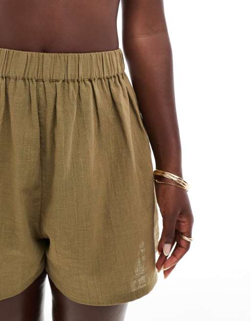 ASOS DESIGN textured button through beach shorts in khaki - part of a set