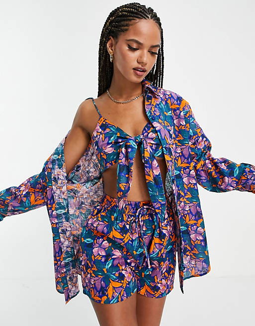 ASOS DESIGN textured button through cotton beach shirt co ord in abstract floral print