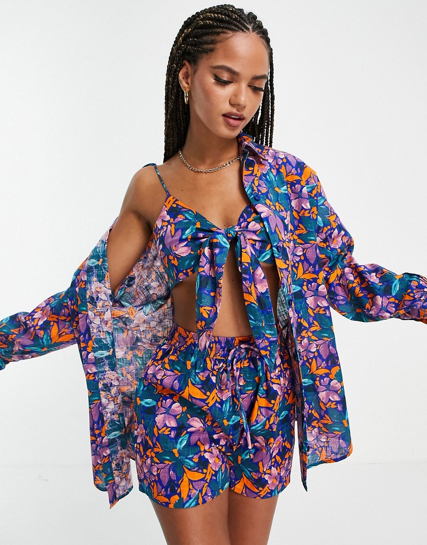 ASOS DESIGN textured button through cotton beach shirt in abstract floral print-Multi