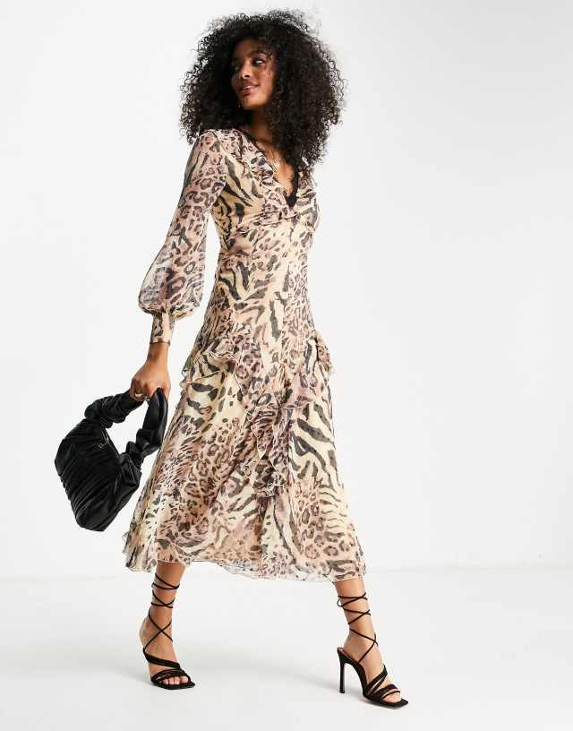 ASOS DESIGN textured button through long sleeve lace trim midi tea dress in animal print