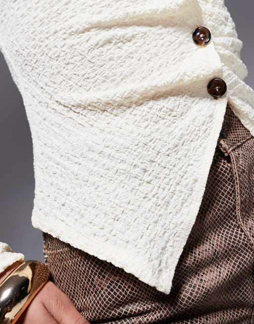 ASOS DESIGN textured button through long sleeve t-shirt in cream