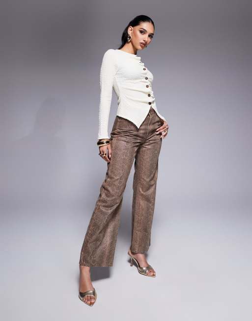 ASOS DESIGN textured button through long sleeve t-shirt in cream