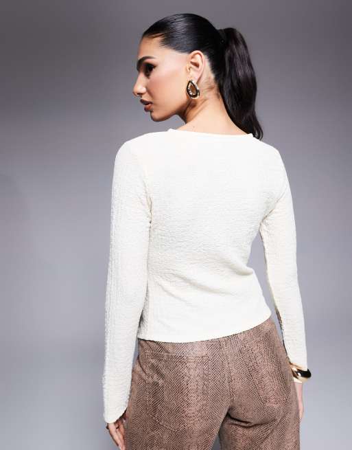 ASOS DESIGN textured button through long sleeve t-shirt in cream