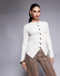 [ASOS DESIGN] ASOS DESIGN textured button through long sleeve t-shirt in cream-White XS CREAM
