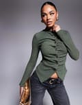 [ASOS DESIGN] ASOS DESIGN textured button through long sleeve t-shirt in olive-Green XS Olive