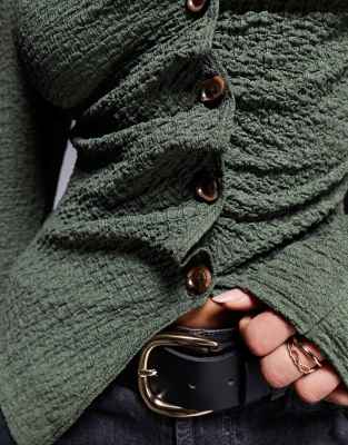 Asos Design Textured Button Through Long Sleeve T-shirt In Olive-green In Green