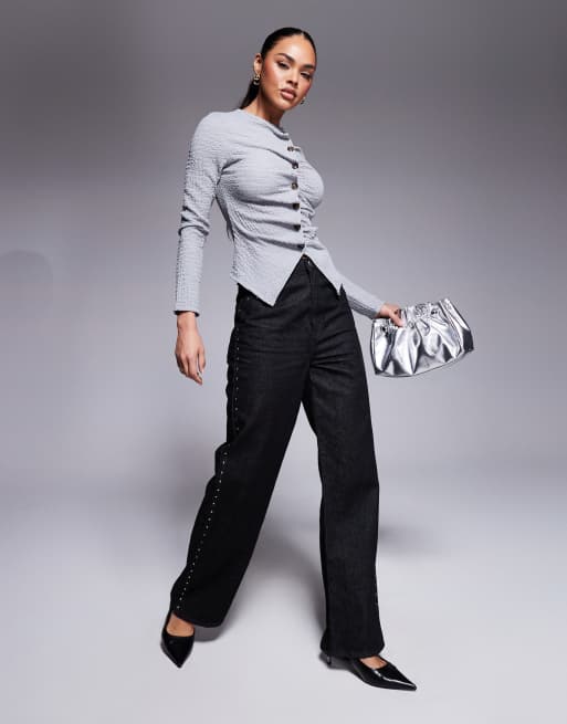 ASOS DESIGN textured button through long sleeve T-shirt in silver gray