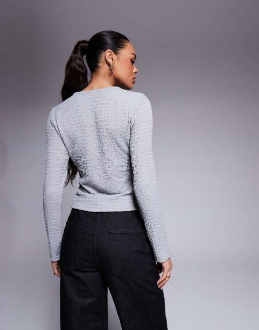 ASOS DESIGN textured button through long sleeve T-shirt in silver gray