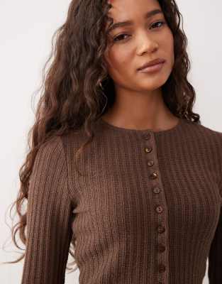 ASOS DESIGN textured button through long sleeve top in chocolate-Brown
