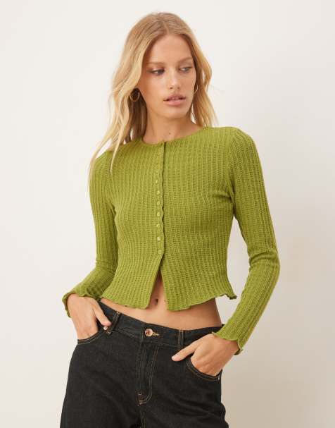 ASOS DESIGN textured button through long sleeve top in green - view 1