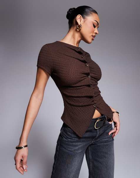 ASOS DESIGN textured button through short sleeve t-shirt in chocolate - view 1