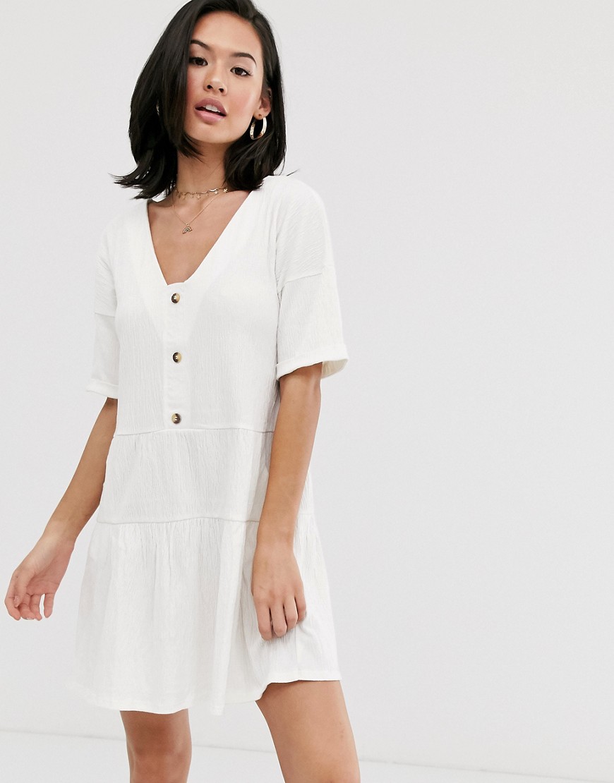 ASOS DESIGN textured button through smock dress with tiered skirt-White