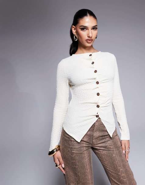 ASOS DESIGN textured button up long sleeve t-shirt in cream - view 1