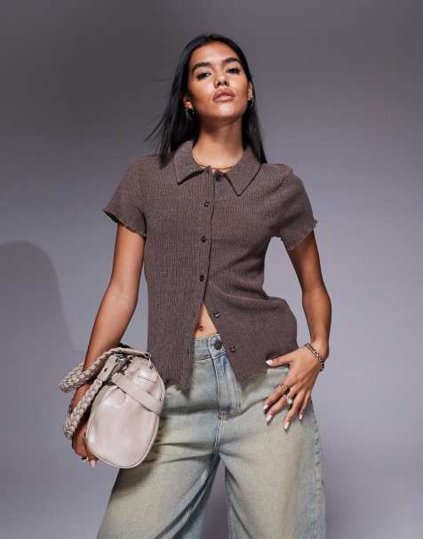 ASOS DESIGN textured button up short sleeve shirt in brown - view 1