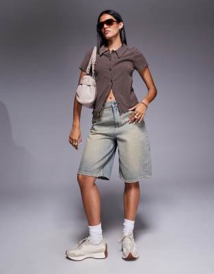 Asos Design Textured Button Up Short Sleeve Shirt In Gray